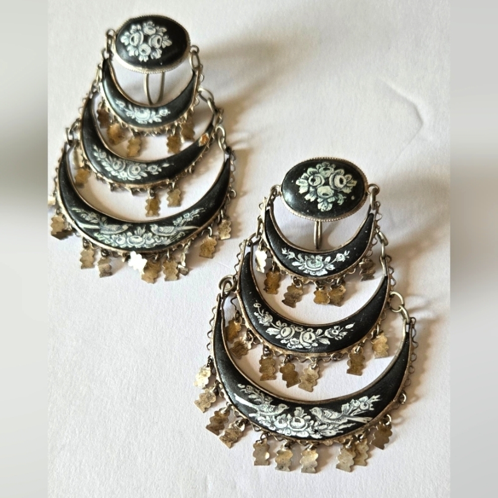 Persian Antique Earrings Sterling Chandellier Clip On Enamel - Picture 1 of 12
